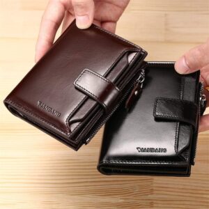 Durable genuine leather wallet on a wooden table.